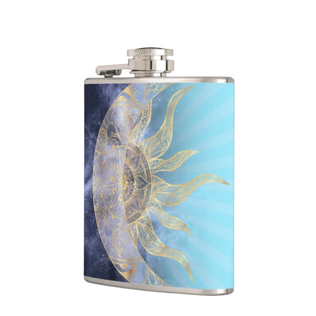 Gold Moon Sun Mandala Celestial Design Flask (Left)