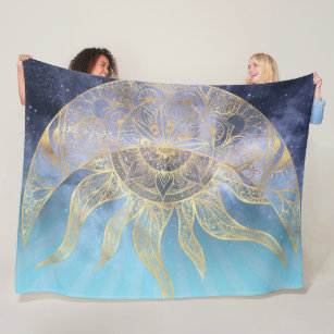 Gold Moon Sun Mandala Celestial Design Fleece Blanket
