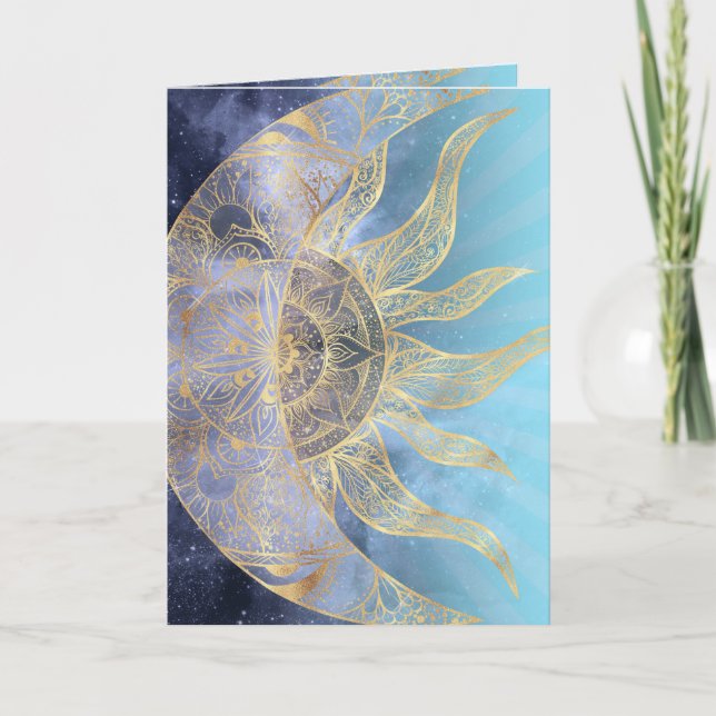 Gold Moon Sun Mandala Celestial Design Holiday Card (Front)