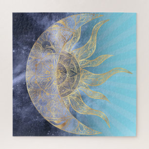 Gold Moon Sun Mandala Celestial Design Jigsaw Puzzle