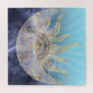 Gold Moon Sun Mandala Celestial Design Jigsaw Puzzle