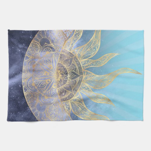 Gold Moon Sun Mandala Celestial Design Kitchen Towel
