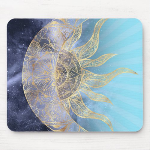 Gold Moon Sun Mandala Celestial Design Mouse Pad