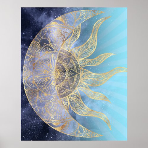 Gold Moon Sun Mandala Celestial Design Poster