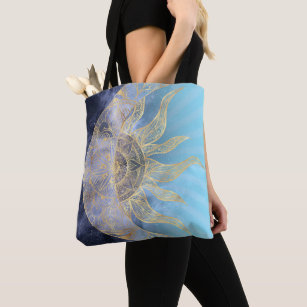 Gold Moon Sun Mandala Celestial Design Tote Bag