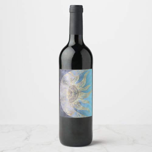 Gold Moon Sun Mandala Celestial Design Wine Label