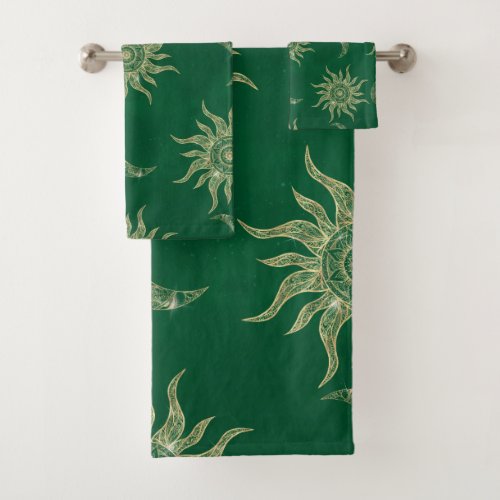 Gold Moon Sun Mandala Green Pattern Bath Towel Set