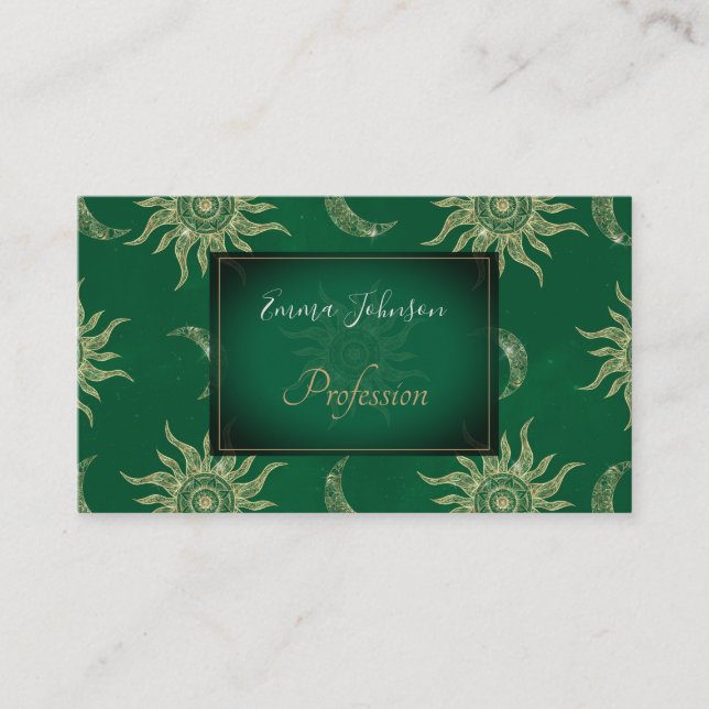 Gold Moon Sun Mandala Green Pattern Business Card (Front)