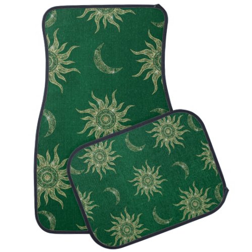 Gold Moon Sun Mandala Green Pattern Car Floor Mat