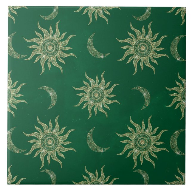 Gold Moon Sun Mandala Green Pattern Ceramic Tile (Front)