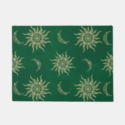 Gold Moon Sun Mandala Green Pattern Doormat