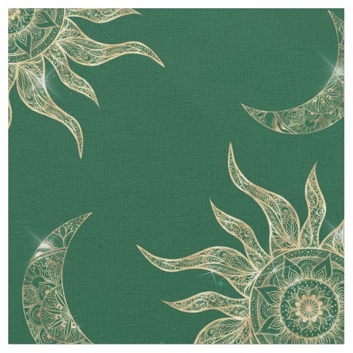 Gold Moon Sun Mandala Green Pattern Fabric