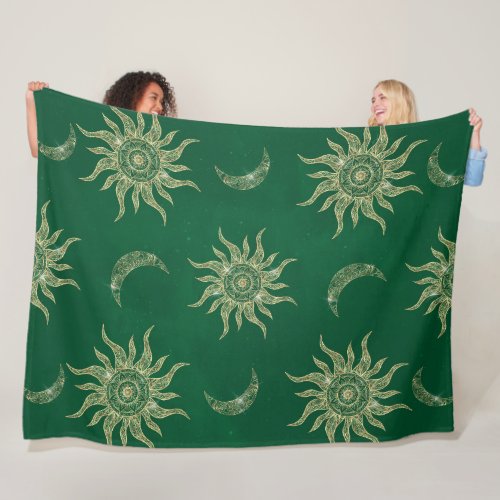 Gold Moon Sun Mandala Green Pattern Fleece Blanket