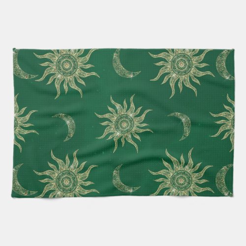 Gold Moon Sun Mandala Green Pattern Kitchen Towel