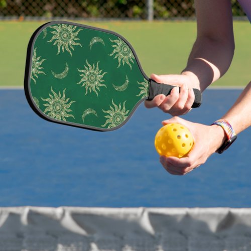 Gold Moon Sun Mandala Green Pattern Pickleball Paddle