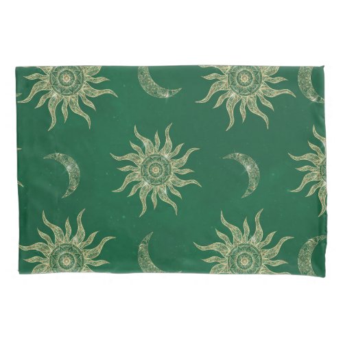 Gold Moon Sun Mandala Green Pattern Pillow Case