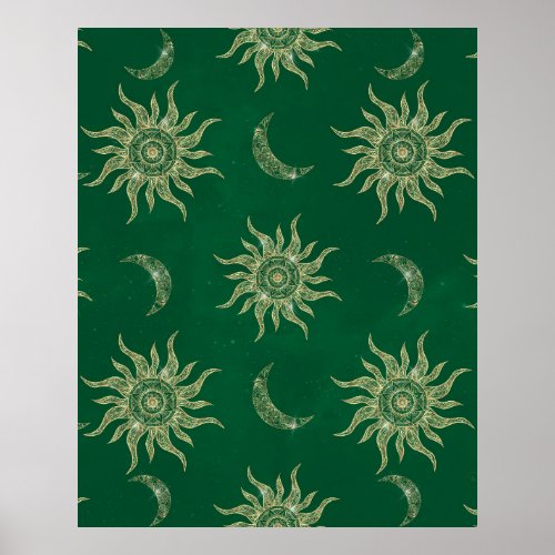 Gold Moon Sun Mandala Green Pattern Poster