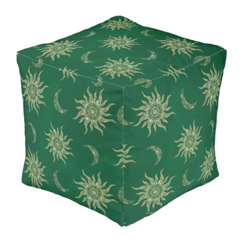 Gold Moon Sun Mandala Green Pattern Pouf