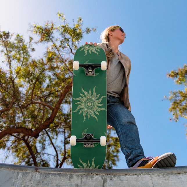 Gold Moon Sun Mandala Green Pattern Skateboard (Outdoor 1)