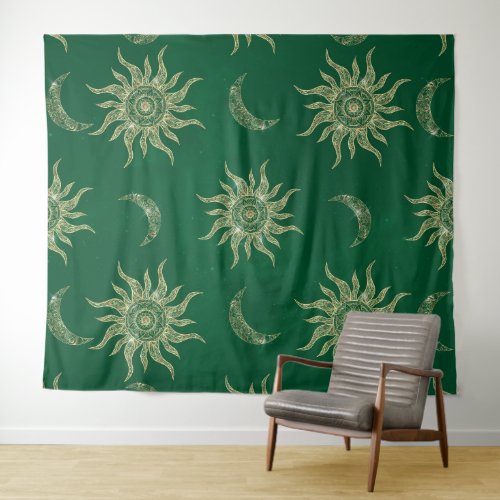 Gold Moon Sun Mandala Green Pattern Tapestry