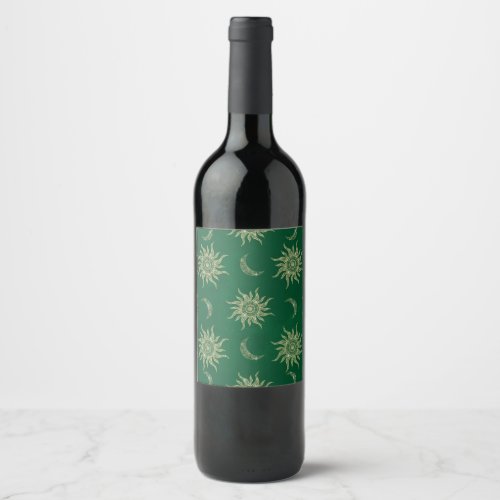 Gold Moon Sun Mandala Green Pattern Wine Label