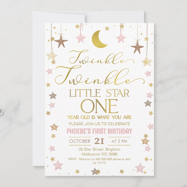 Gold Moon Twinkle Little Star 1st Birthday Invitation (Front)