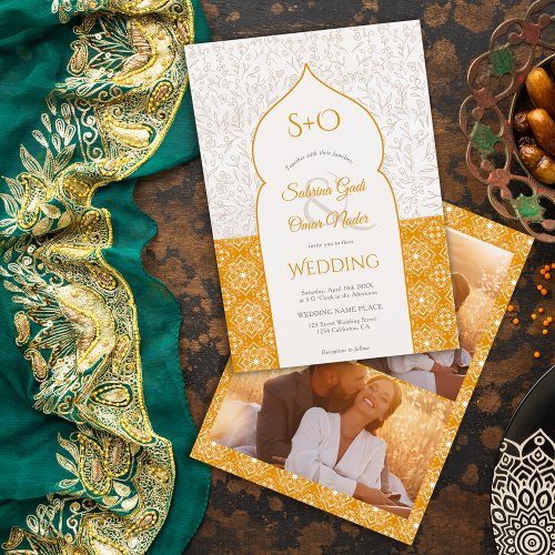 Gold Moroccan floral initials 3 photo wedding Invitation