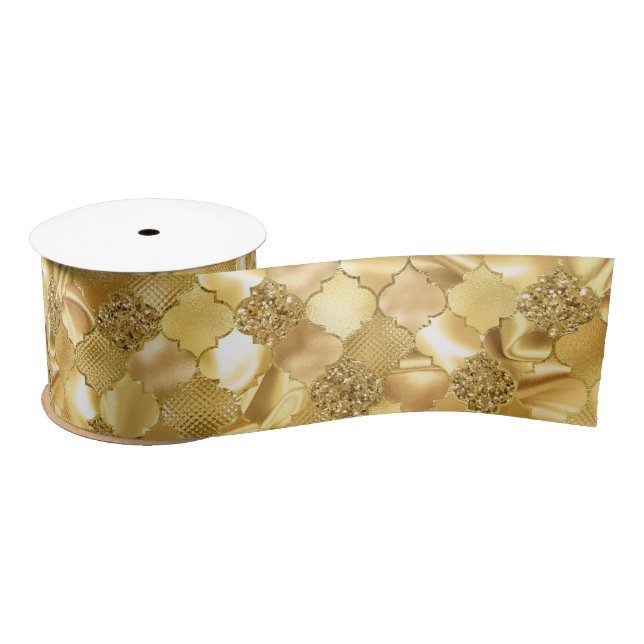 Gold Moroccan Quatrefoil Pattern Satin Ribbon (Spool)