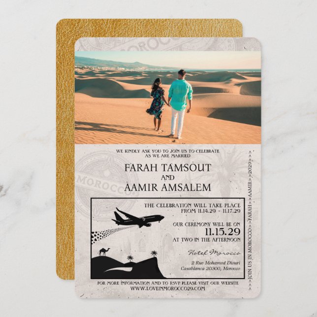 Gold Morocco Passport Wedding Invitation (Front/Back)