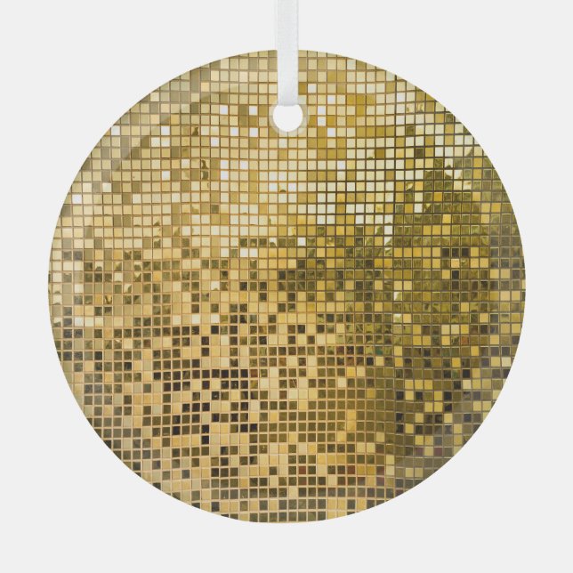 Gold Mosaic: Square Tiles Texture. Glass Ornament (Front)