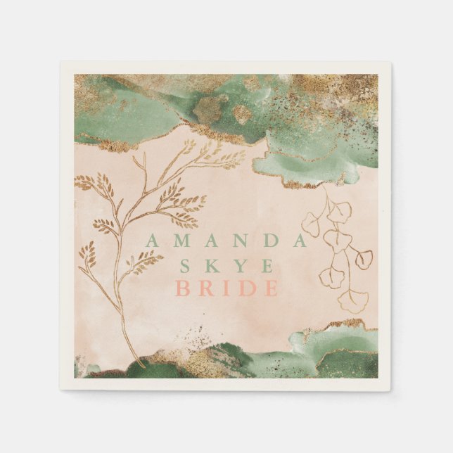 Gold Moss Eucalyptus Modern Abstract Napkins (Front)