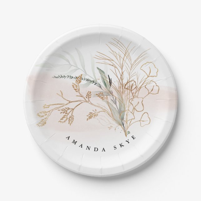 Gold Moss Eucalyptus Modern Abstract Paper Plates (Front)
