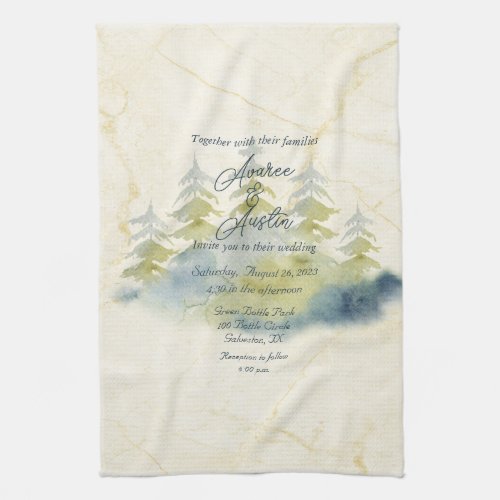 Gold Mountain Backdrop Green Blue Trees Invitation Kitchen Towel