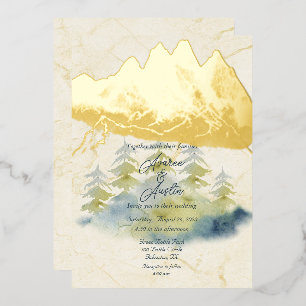 Gold Mountains Backdrop Green and Blue Trees Foil Invitation