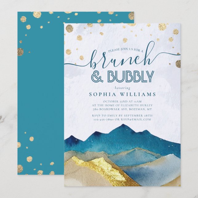 Gold Mountains Wedding Brunch Bubbly Bridal Shower Invitation (Front/Back)