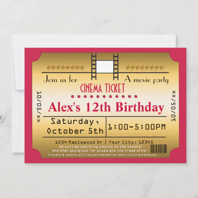 Gold Movie Ticket Cinema film Strip Invitation | Zazzle