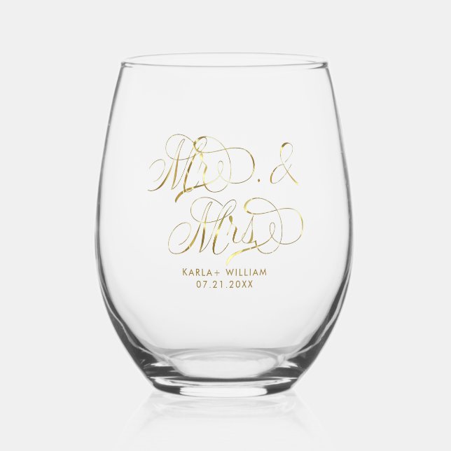 Gold Mr. and Mrs. Elegant Script Typography 2 Stemless Wine Glass (Front)