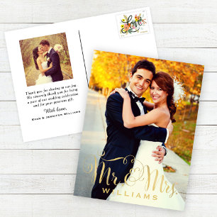 Gold Mr and Mrs Script Wedding Thank You Photo Postcard