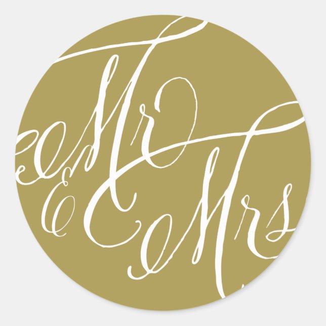 Gold Mr. & Mrs. Elegant Script Wedding Classic Round Sticker (Front)