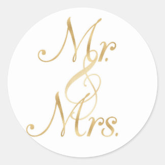 Gold Mr. & Mrs. Stickers, foil font Classic Round Sticker