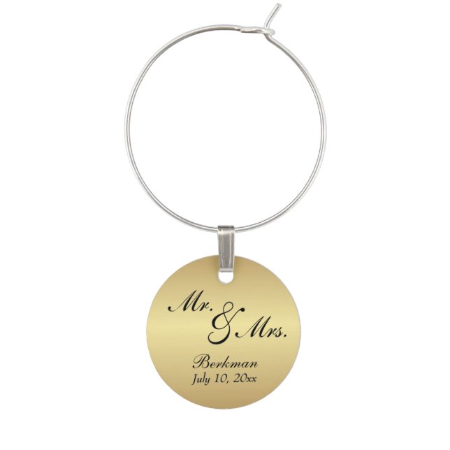 Gold Mr & Mrs Wine Tag Wine Glass Charm (Front)