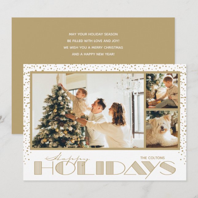 Gold Multiple Photo Happy Holiday Card (Front/Back)