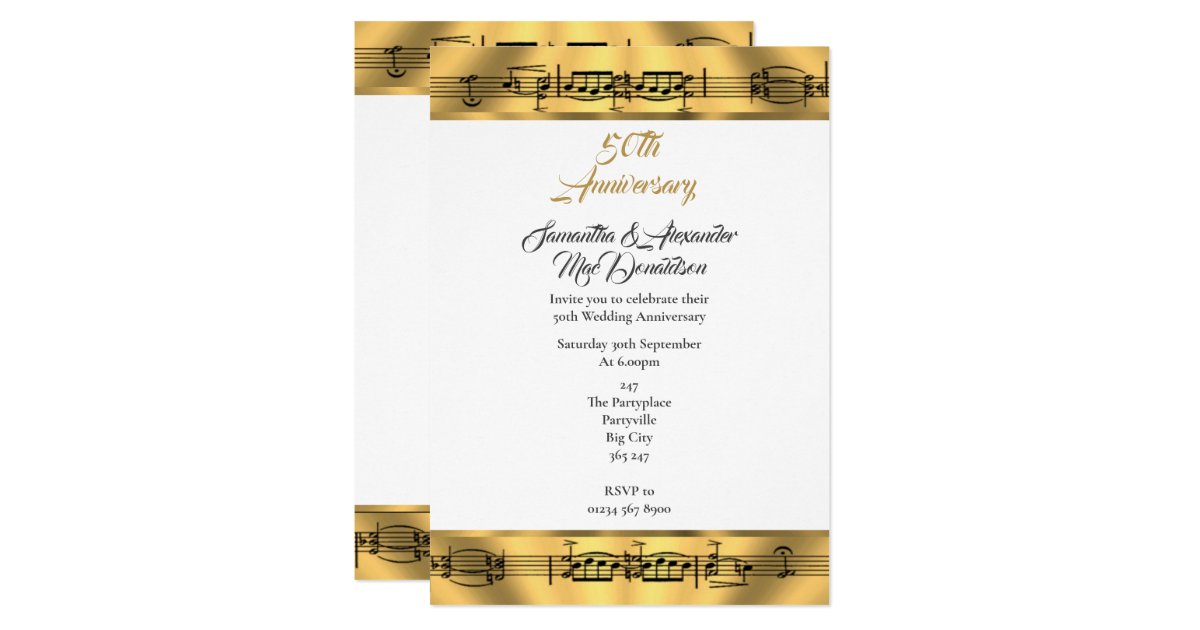 Gold music 50th wedding anniversary invitation