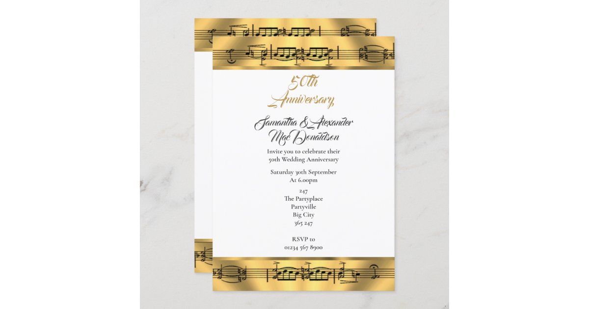 Gold music 50th wedding anniversary invitation