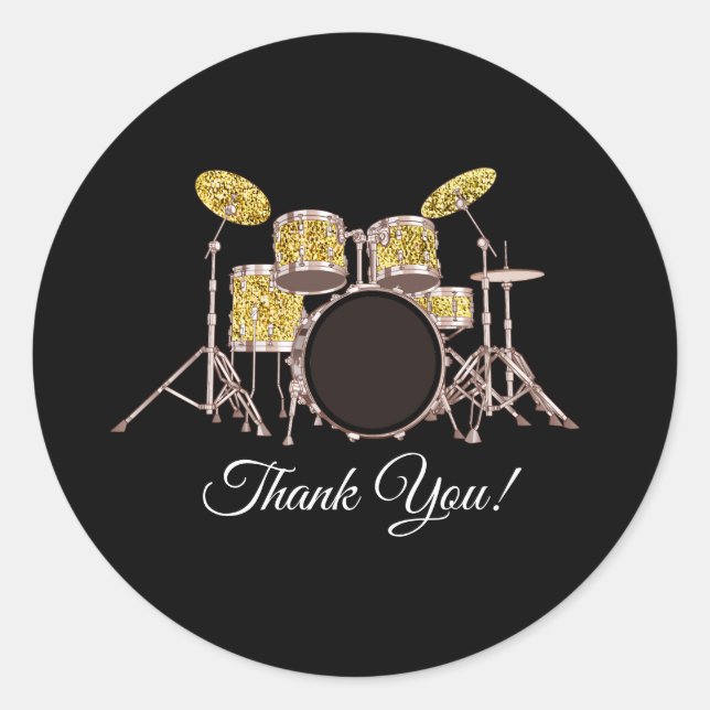 gold, music, drum set round sticker (Front)
