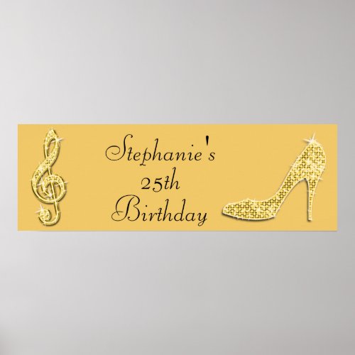 Gold Music Note and Stiletto 25th Birthday Poster