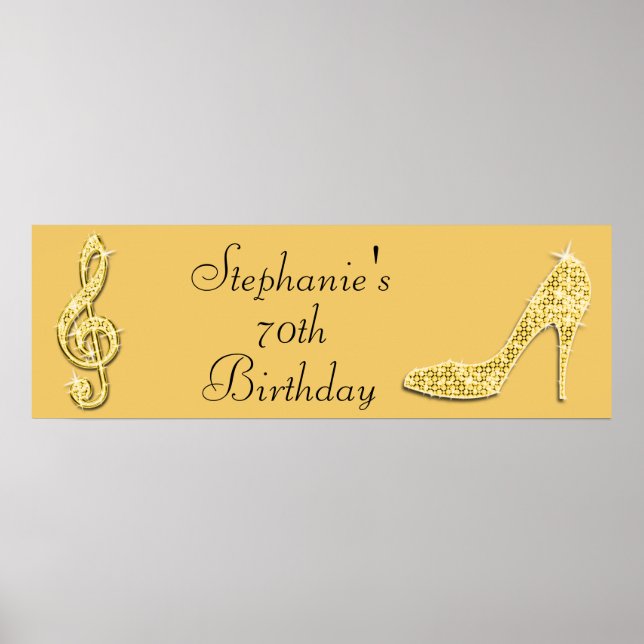 Gold Music Note and Stiletto 70th Birthday Poster (Front)