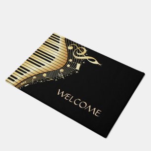 Gold Music Note Over Black Background Doormat