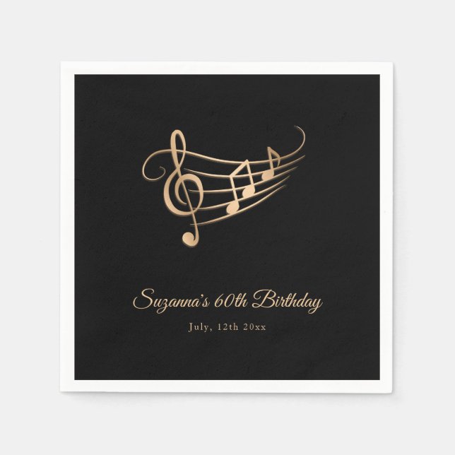 Gold Music Notes Elegant Script Birthday Napkins (Front)