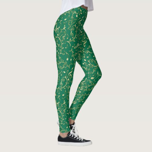 Gold Music Notes Festive Christmas Green Leggings